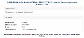 4D0907277A AUDI Tpms Tire Pressure Sensor Antenna A6 Quattro #3