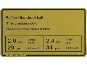 90100650501 DANSK CLASSIC Tire Pressure Decal 911 Porsche