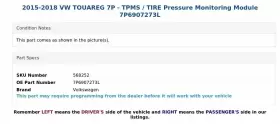7P6907273L VOLKSWAGEN Tpms Tire Pressure Monitoring Module Vw #3